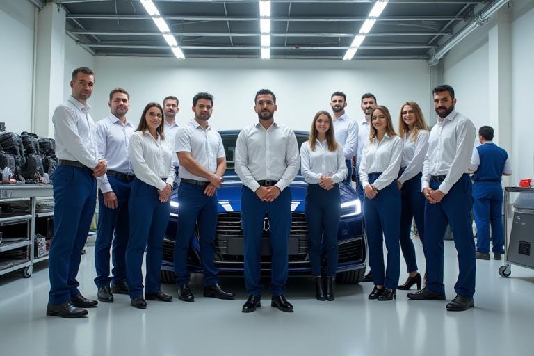 Emirates Auto Clean team posing inside their clean and modern detailing facility