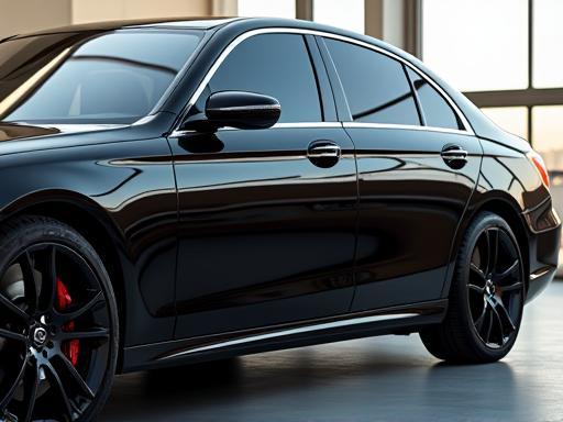 After car detailing - the same black sedan exterior gleaming and spotless