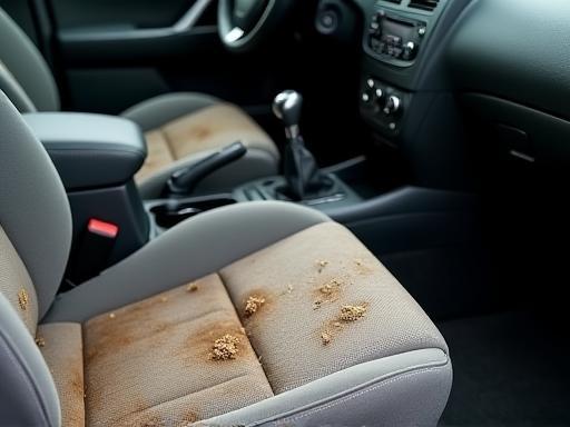 Before interior cleaning - a car interior with visible dirt and stains on upholstery and surfaces