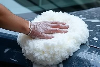 Professional hand washing a car exterior with foam