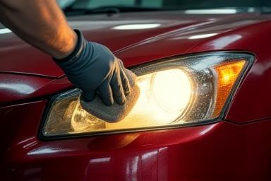 Technician restoring a car's foggy yellowed headlight