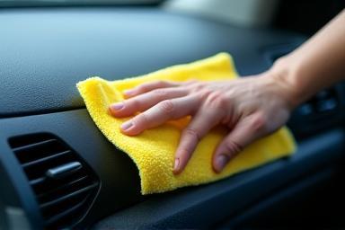 Cleaning a car's interior dashboard with microfiber cloth
