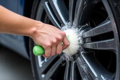 Specialized cleaning brushes being used on a car wheel and tire